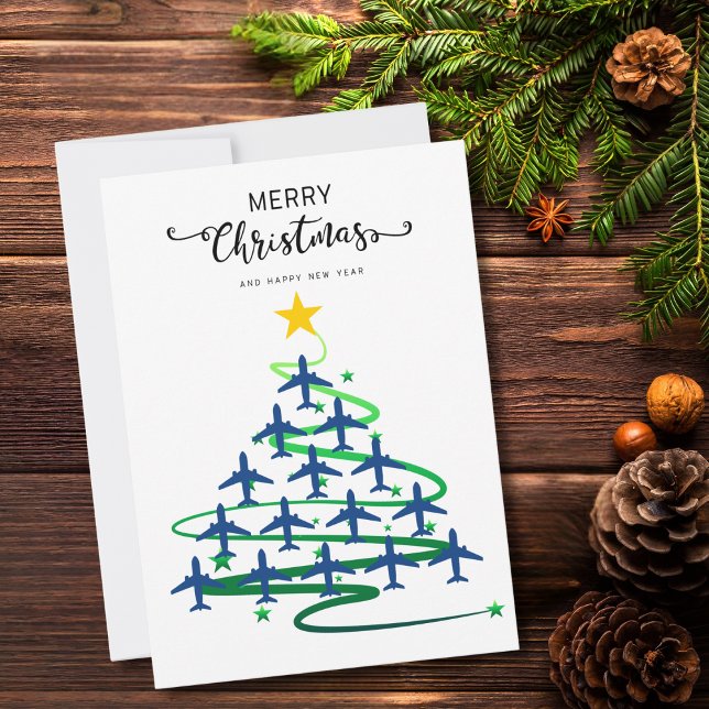 Airplane Christmas Tree Family Photo Minimalist Holiday Card (Creator Uploaded)