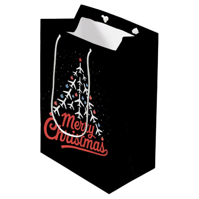 Airplane Christmas Tree Pilot Medium Gift Bag (Front Angled)