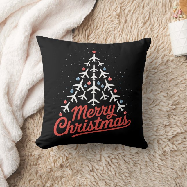 Airplane Christmas Tree Pilot Throw Pillow (Blanket)