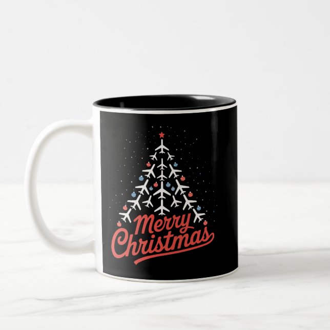 Airplane Christmas Tree Pilot Two-Tone Coffee Mug (Left)
