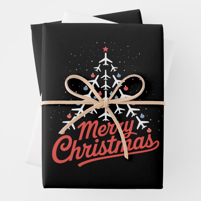 Airplane Christmas Tree Pilot Wrapping Paper Sheets (In situ)