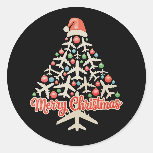 Airplane Christmas Tree Pilot Xmas Holiday Family Classic Round Sticker (Front)