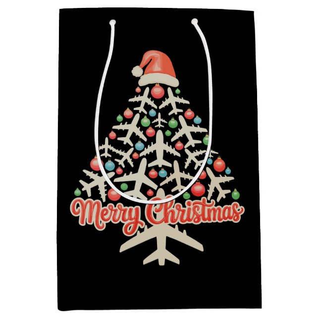 Airplane Christmas Tree Pilot Xmas Holiday Family Medium Gift Bag (Front)