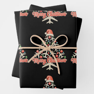 Airplane Christmas Tree Pilot Xmas Holiday Family Wrapping Paper Sheets
