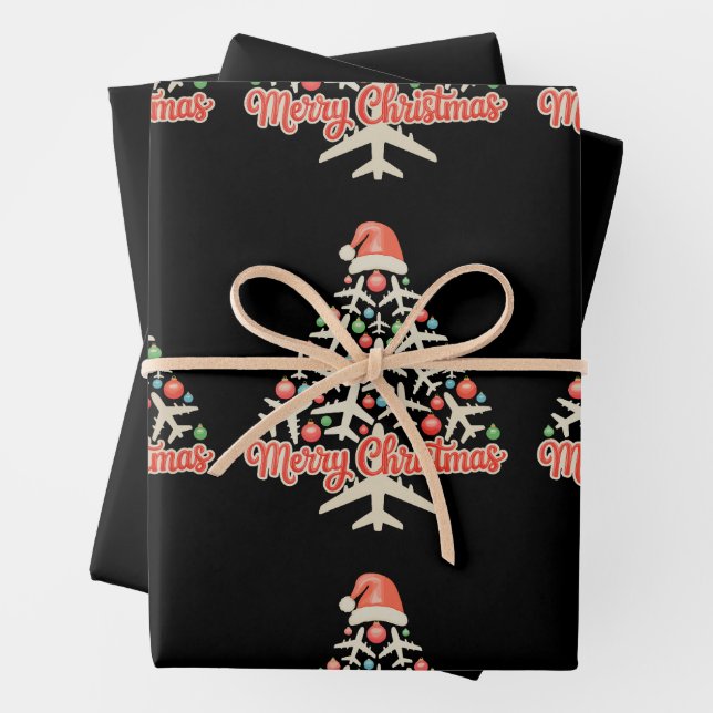 Airplane Christmas Tree Pilot Xmas Holiday Family Wrapping Paper Sheets (In situ)