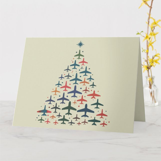 Airplane Christmas Tree Retro Pilot Flying Flight  Card (Yellow Flower)