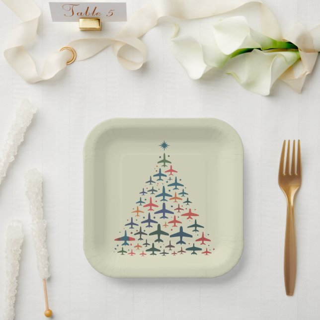 Airplane Christmas Tree Retro Pilot Flying Flight  Paper Plates (Wedding)