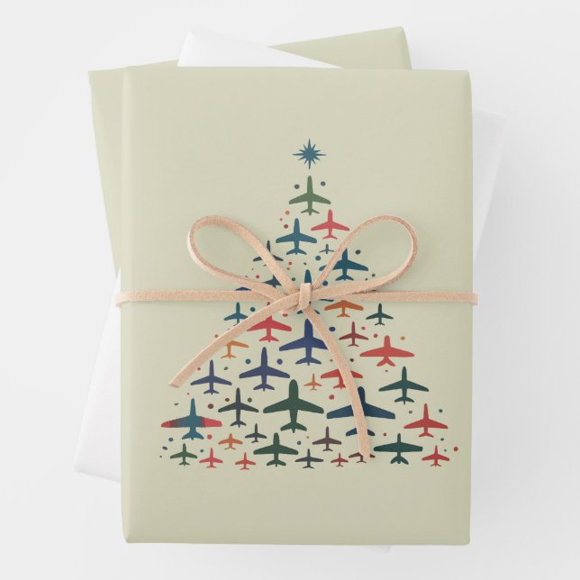 Airplane Christmas Tree Retro Pilot Flying Flight  Wrapping Paper Sheets (In situ)