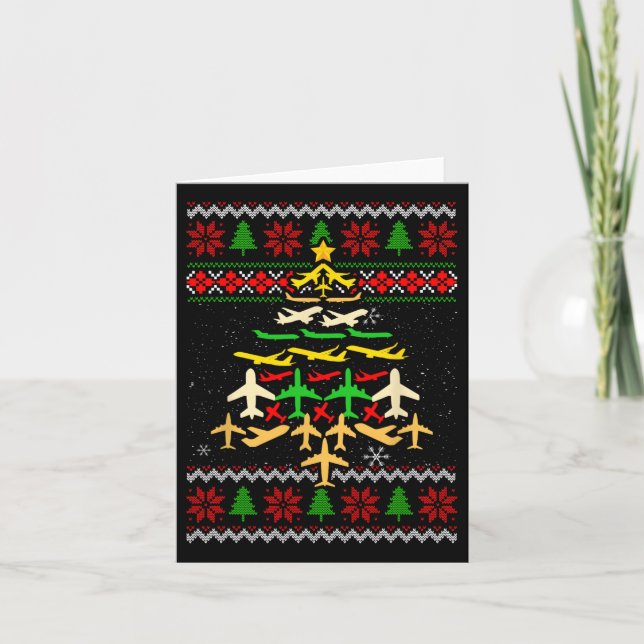 Airplane Christmas Tree Ugly Xmas Sweater Decorati Card (Front)