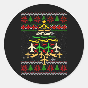 Airplane Christmas Tree Ugly Xmas Sweater Decorati Classic Round Sticker