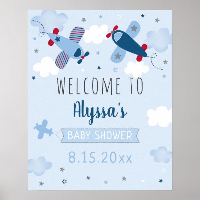 Airplane Clouds Baby Shower Welcome Poster (Front)