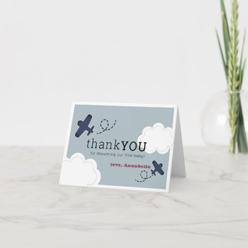 Airplane Clouds Blue Sky Boy Baby Shower Thank You Card