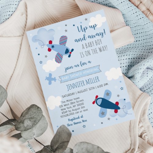 Airplane Clouds Boy Baby Shower Invitation