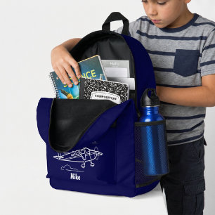 Airplane Clouds Navy Blue Boy Aviation Custom Name Printed Backpack