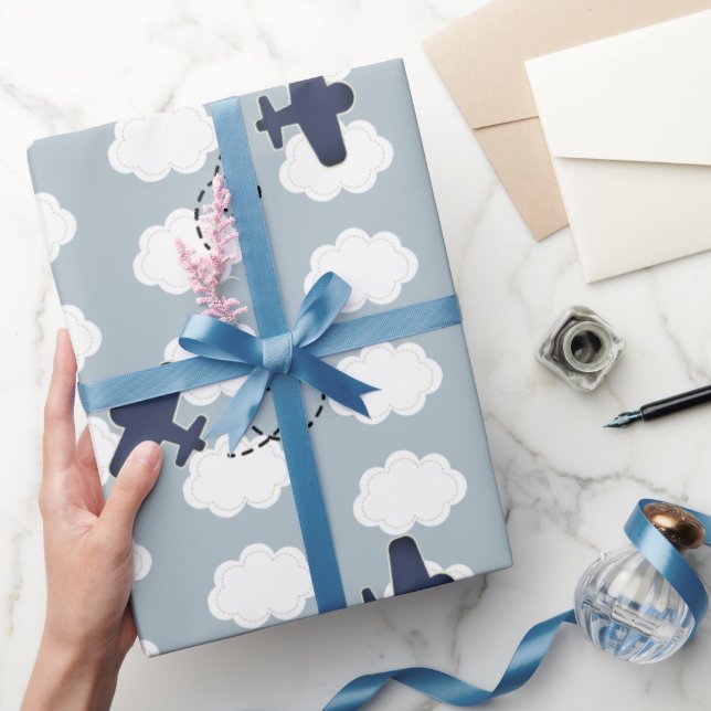 Airplane Clouds Pattern Blue Sky Wrapping Paper (Gifting)