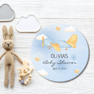 Airplane,Clouds & Stars, Blue, Baby Boy,Cute Classic Round Sticker