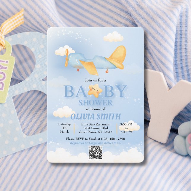 Airplane,Clouds & Stars, Blue, Baby Boy,Cute  Invitation (Creator Uploaded)