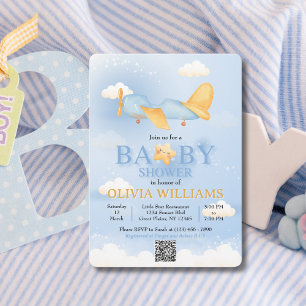 Airplane,Clouds & Stars, Blue, Baby Boy,Cute Invitation