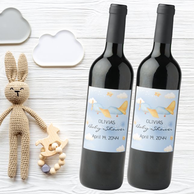 Airplane,Clouds & Stars, Blue, Baby Boy,Cute  Wine Label (Creator Uploaded)