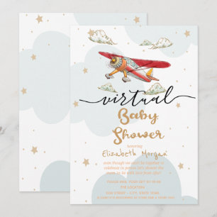 Airplane,Clouds Stars Virtual Baby Shower Invitation