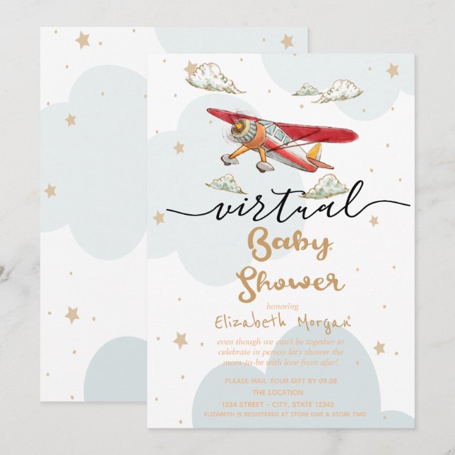Airplane,Clouds Stars Virtual Baby Shower Invitation (Front/Back)