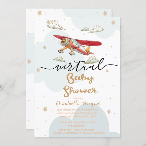 AirplaneClouds Stars Virtual Baby Shower Invitation