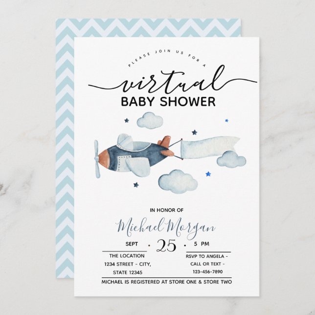 Airplane Clouds Zigzag Virtual Baby Shower Invitation (Front/Back)