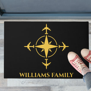 Airplane Compass Travel Black Gold Simple Custom  Doormat