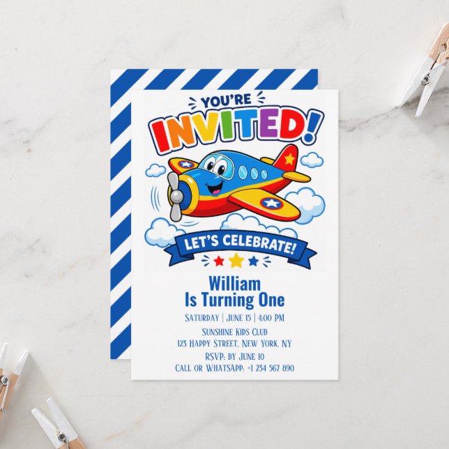 Airplane Cute Pilot Plane Party Boy 1st Birthday  Invitation (Front/Back In Situ)