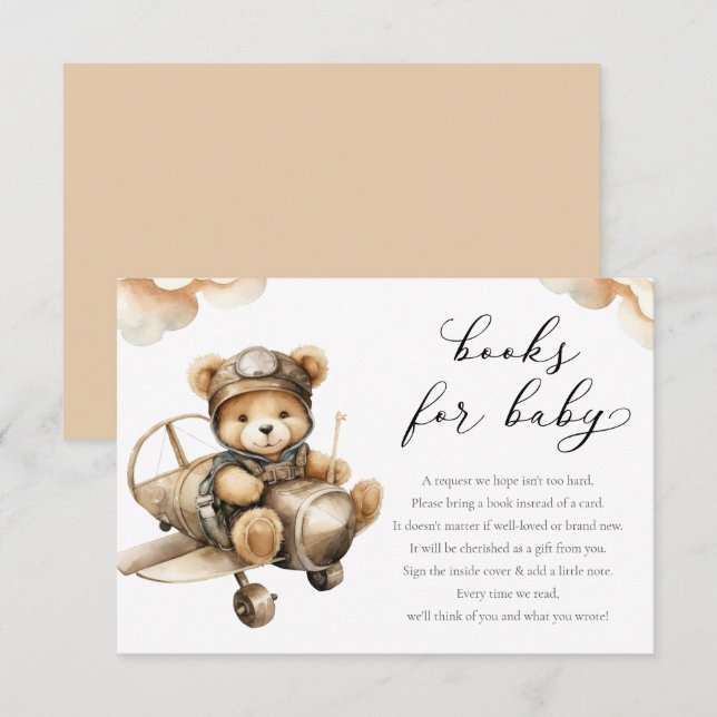 Airplane cute teddy bear books for baby shower enclosure card (Front/Back)
