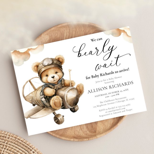 Airplane cute teddy bear boy baby shower invitation (Creator Uploaded)