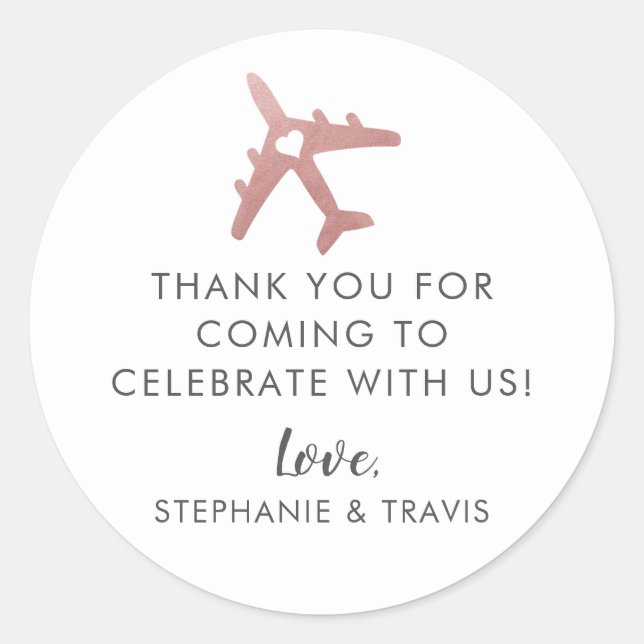 Airplane Destination Wedding Thank You Favor Classic Round Sticker (Front)