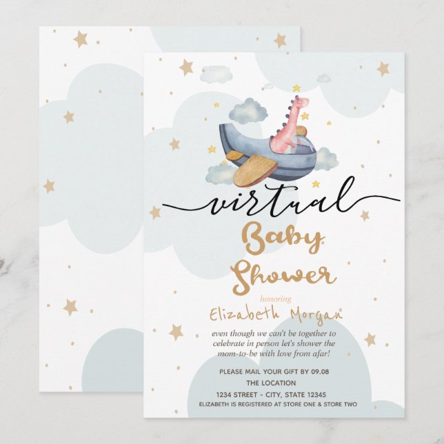 Airplane Dino Clouds Stars Virtual Baby Shower Invitation (Front/Back)
