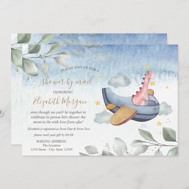 Airplane Dino Virtual Baby Shower By Mail  Invitation (Front/Back)