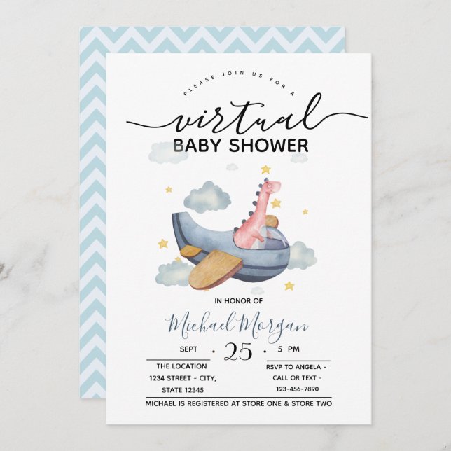Airplane Dino  Zigzag Virtual Baby Shower Invitation (Front/Back)