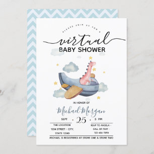 Airplane Dino Zigzag Virtual Baby Shower Invitation