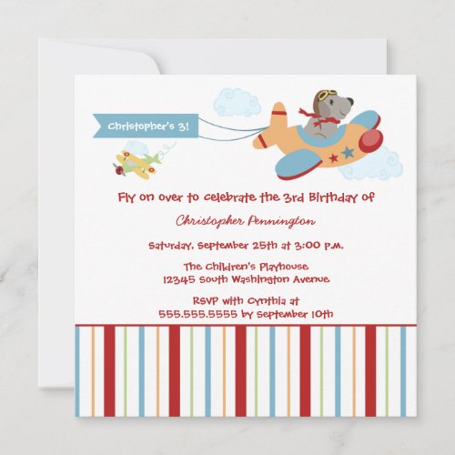 Airplane dog pilot boys birthday party invitation