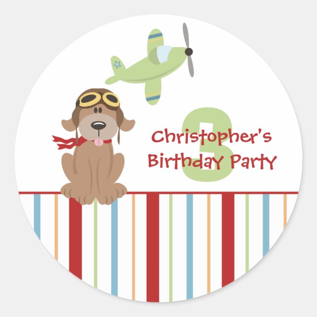 Airplane dog pilot boy's birthday party stickers (Front)
