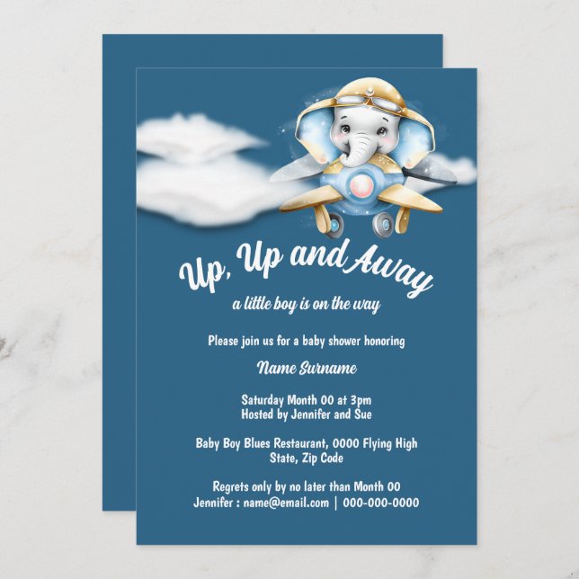 Airplane elephant baby shower blue pilot plane invitation (Front/Back)