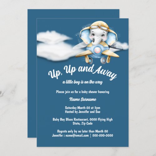 Airplane elephant baby shower blue pilot plane invitation