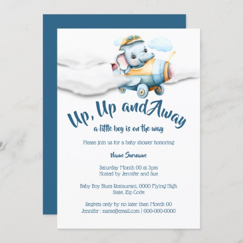 Airplane elephant baby shower boys blue safari  invitation