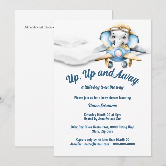 Airplane elephant baby shower boys pilot plane invitation (Front/Back)
