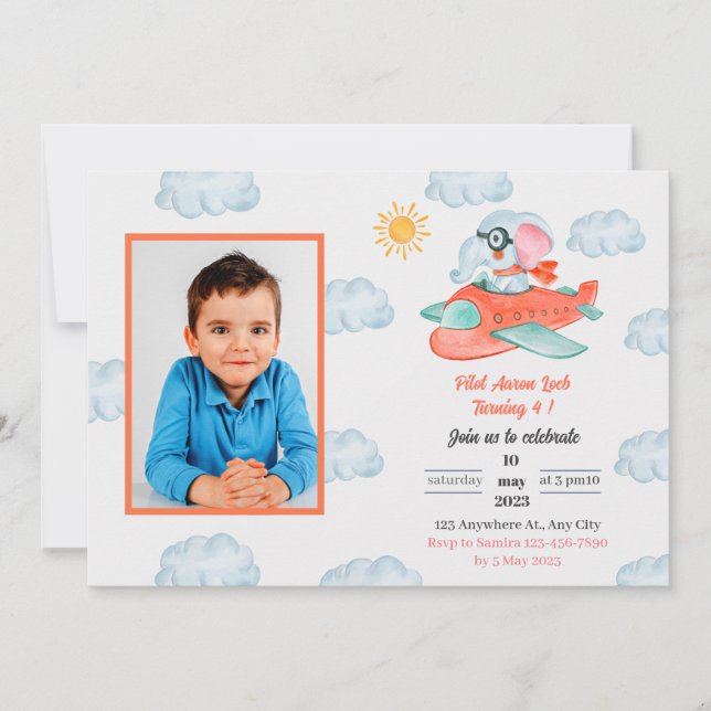 Airplane elephant birthday party Invitation (Front)