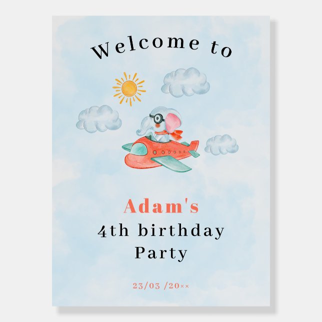 Airplane Elephant Pilot Birthday welcome sign  (Front)