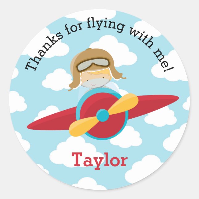Airplane Favor Stickers Blonde Pilot Boy (Front)