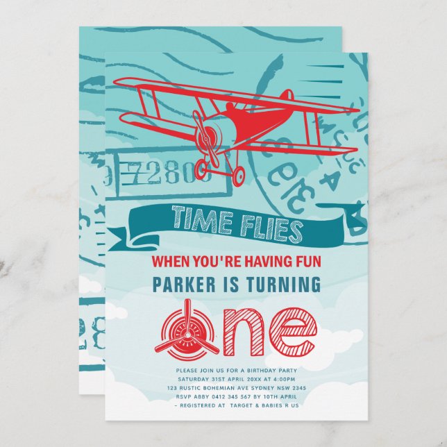 Airplane First Birthday Party Invitation (Front/Back)