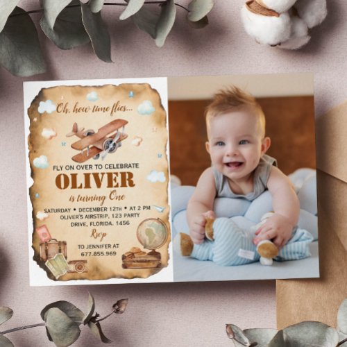 Airplane First Birthday Photo Invitation