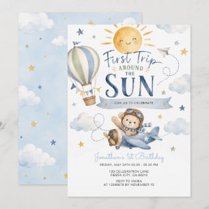 Airplane First Trip Around The Sun Birthday Invitation
