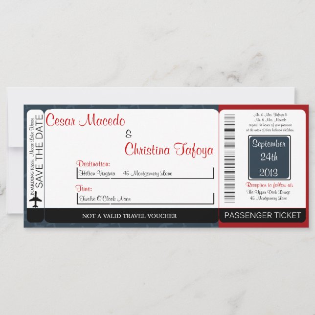 Airplane Flight  Boarding Pass Wedding Invitation (Front)