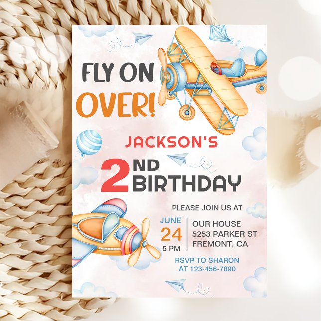 Airplane Fly On Over 2nd Birthday Party Invitation (Creator Uploaded)